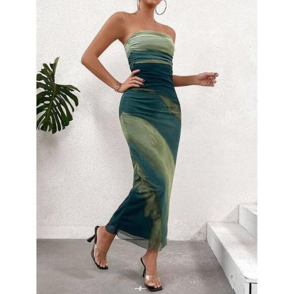 New Women's Gradient Mesh Halter Bodycon Dress With High Slit - Picture 5 of 6